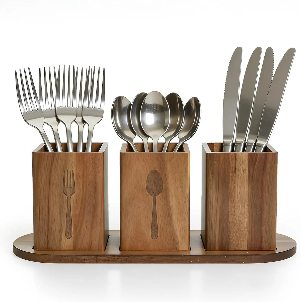 Acacia Wood Utensil Holder | 4-Compartment Silverware Caddy