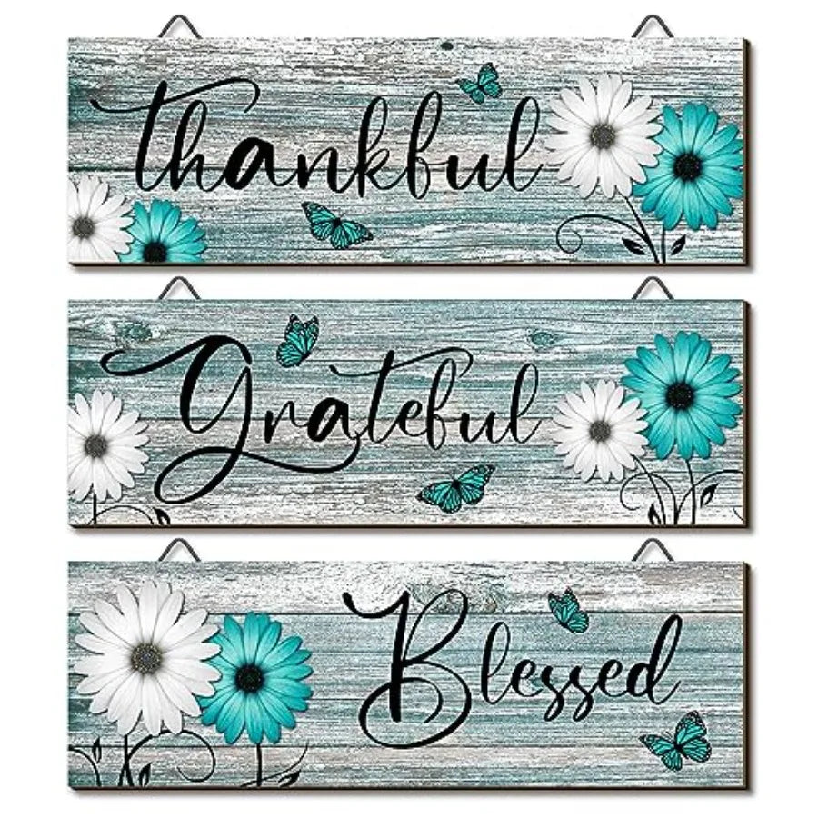 Thankful Grateful Blessed Wooden Wall Signs | 3-Piece Rustic Farmhouse Daisy Décor