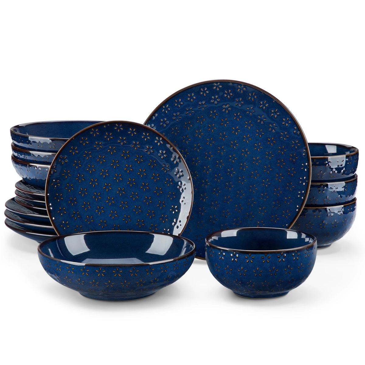 16-Piece Blue Floral or Honeycomb Dinnerware Set | Embossed Plates & Bowls