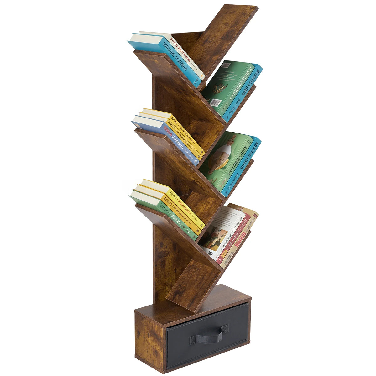 Creative 7-Tier Tree Bookshelf with Drawer | Narrow Geometric Bookcase