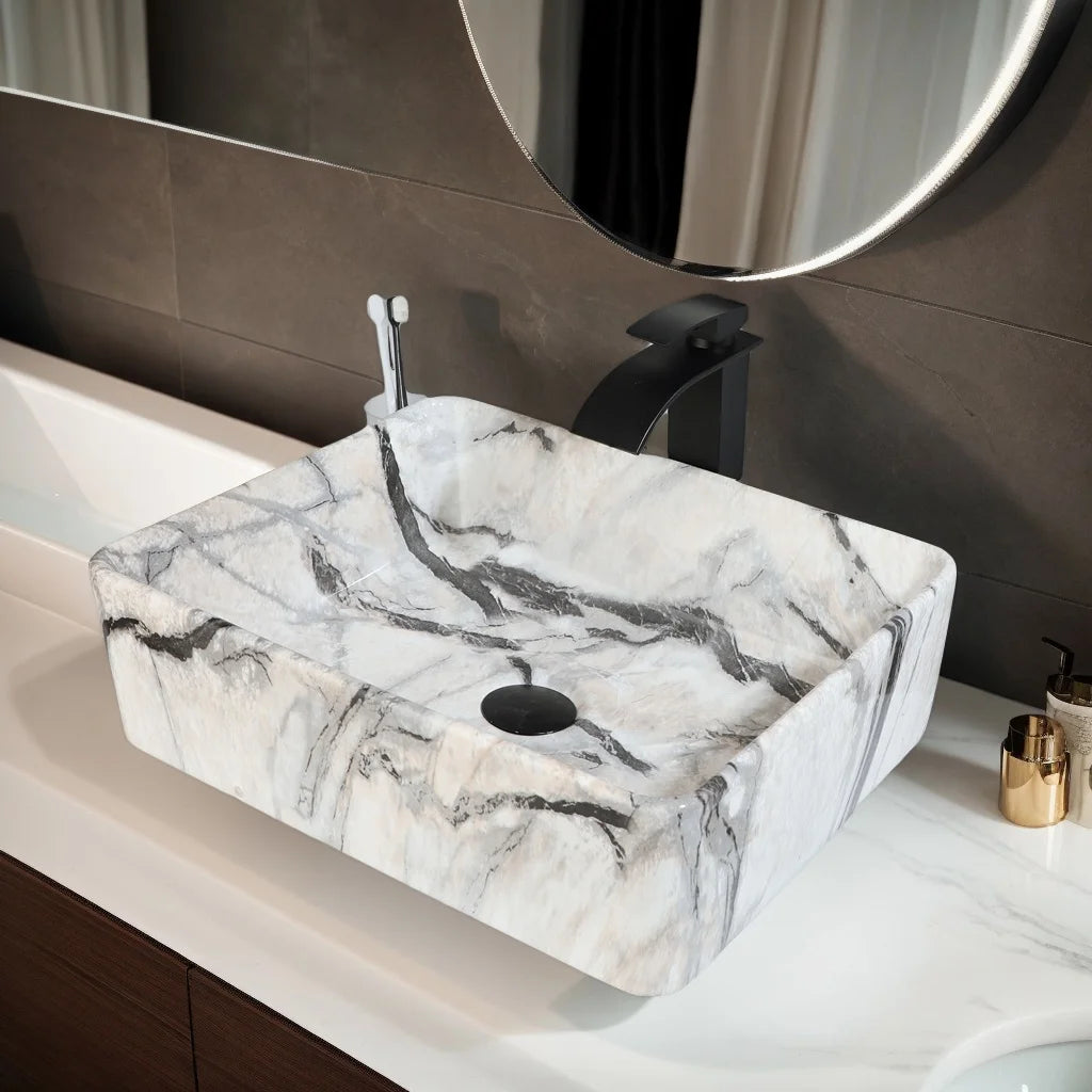 Marble Pattern Ceramic Bathroom Vessel Sink with Faucet
