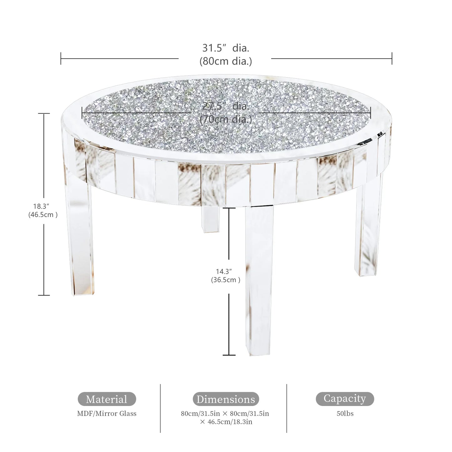 Silver Accent Table with Mirror Surface & Crystal Inlay