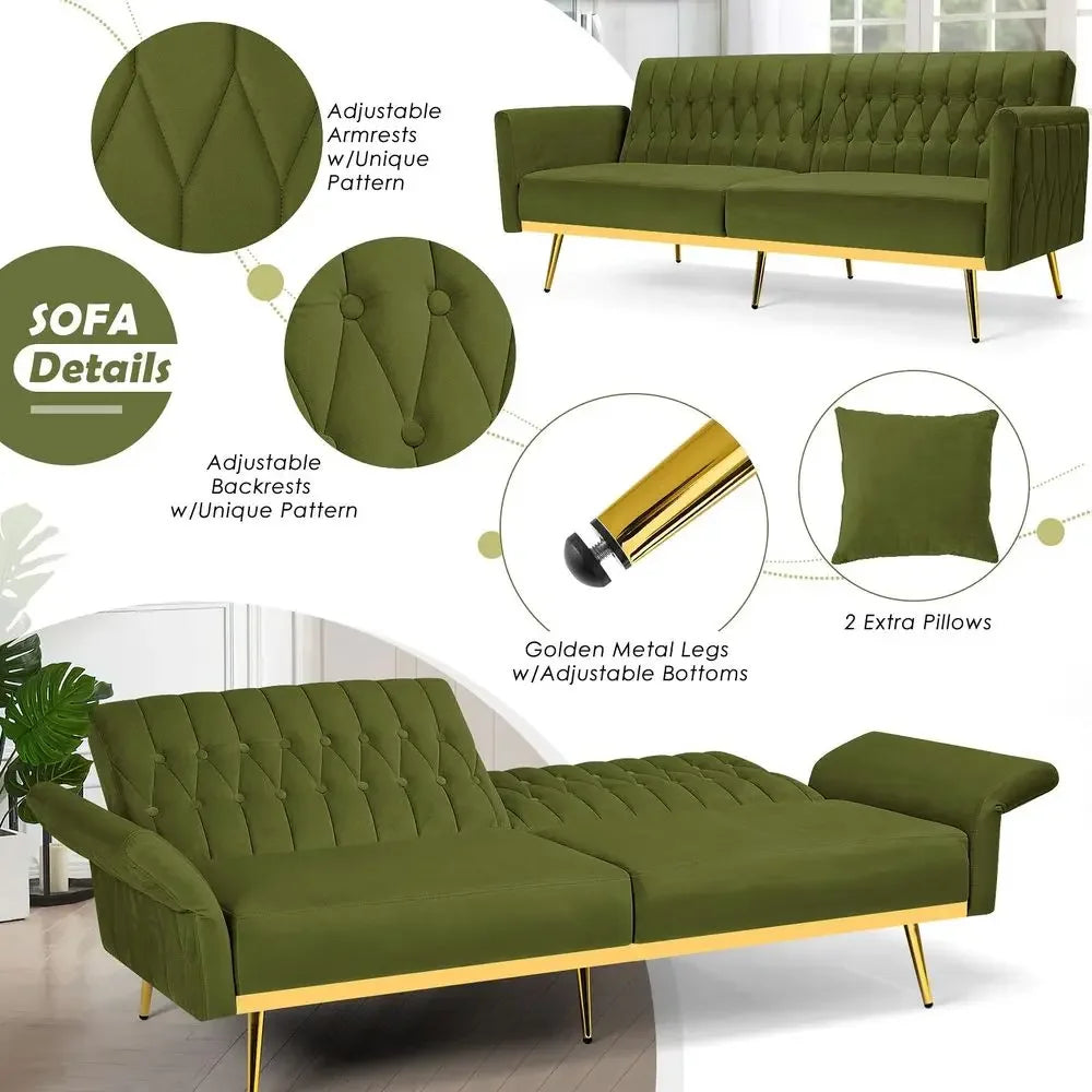 Olive Green Velvet Futon Sofa Bed