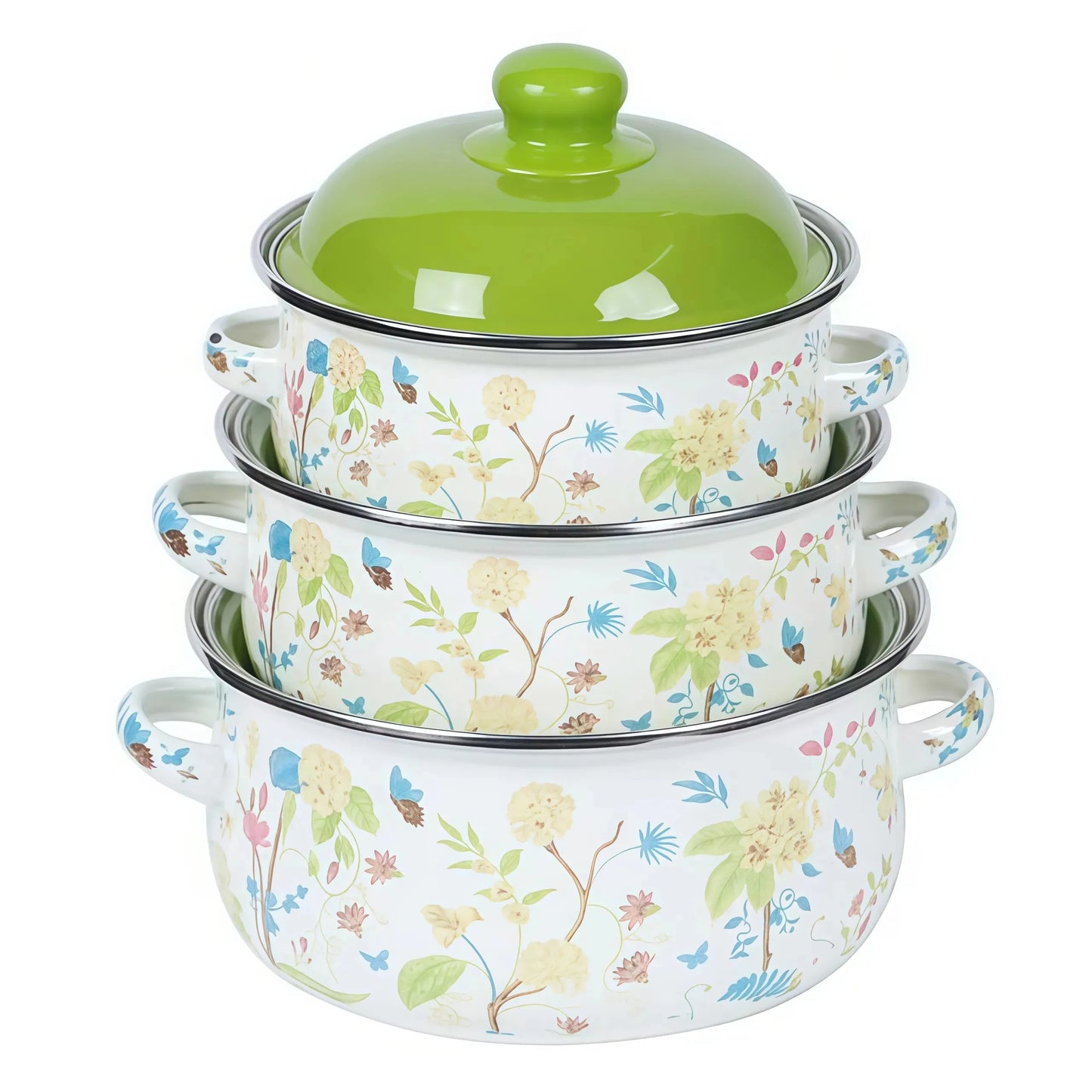 3-Piece Vintage Enamel Cooking Pot Set with Lids | Retro Floral Stock Pots