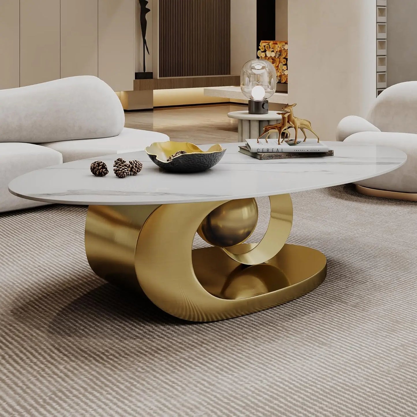 Modern Oval Stone Coffee Table with Gold Base | Luxury Contemporary Living Room Table