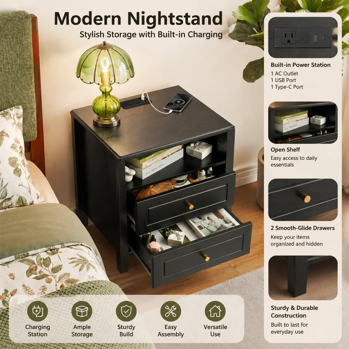 2-Drawer Nightstand with Charging Station | Modern Bedside Table