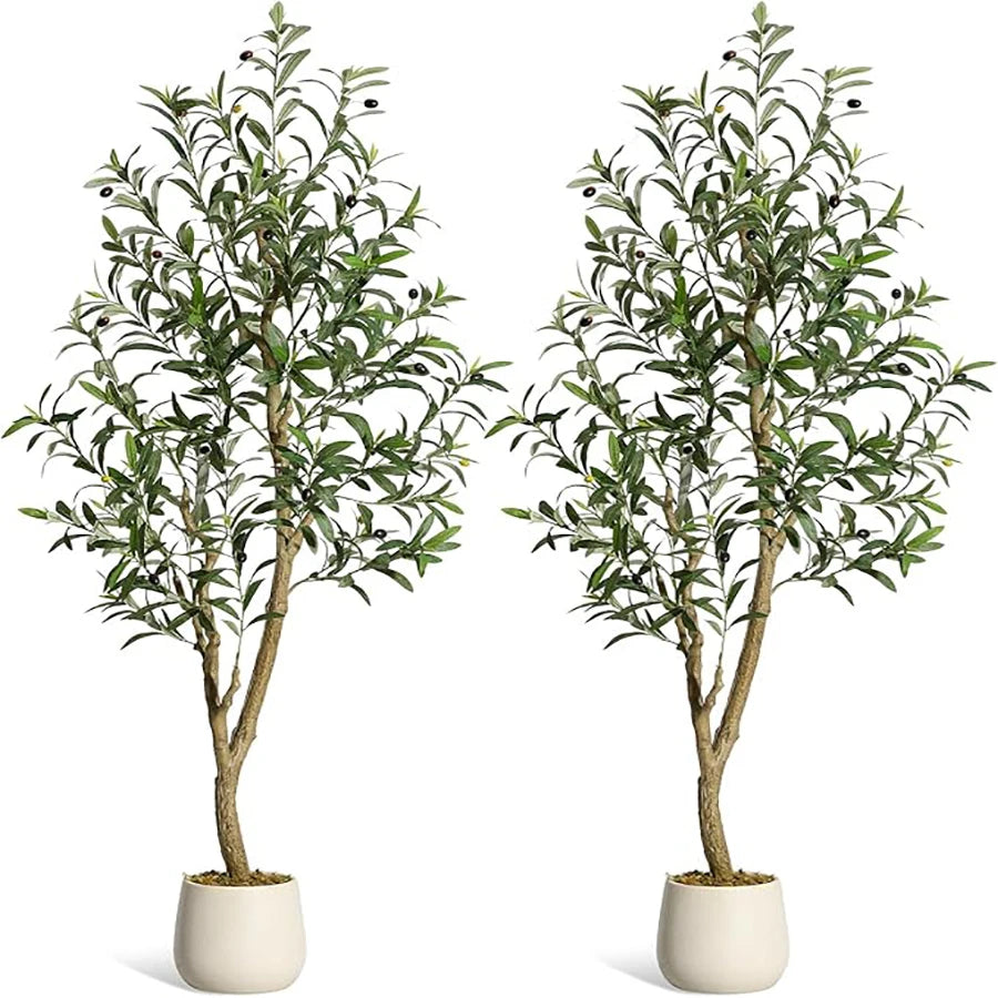 7-Foot Artificial Olive Tree with White Planter | Realistic Faux Silk Indoor Tree