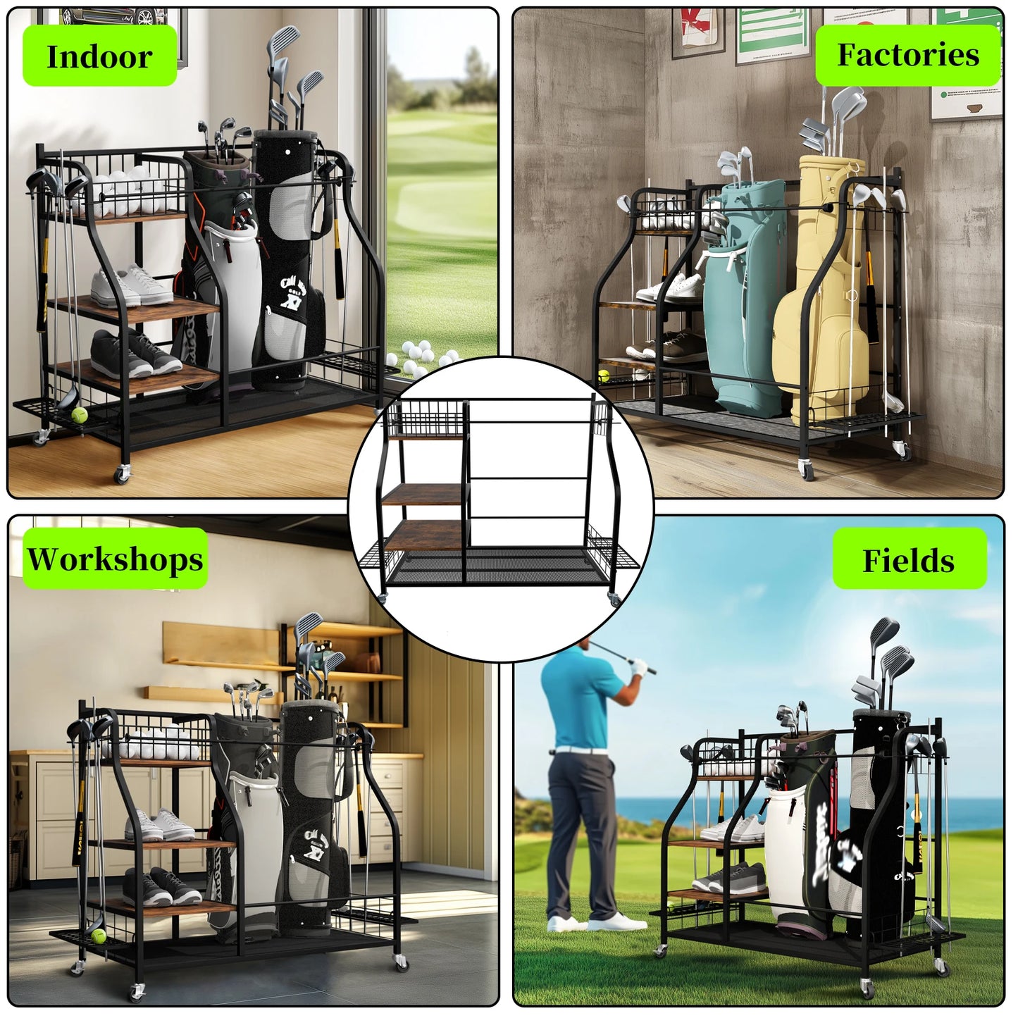 Multifunctional Metal Storage Shelf, Sports Equipment Organizer with Wheels
