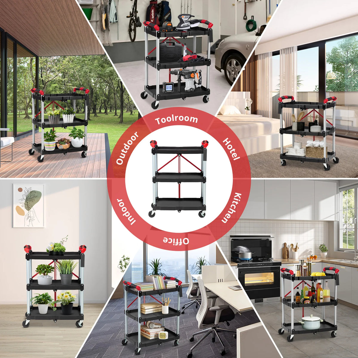 3-Tier Foldable Utility Cart | 167 lb Capacity Rolling Storage