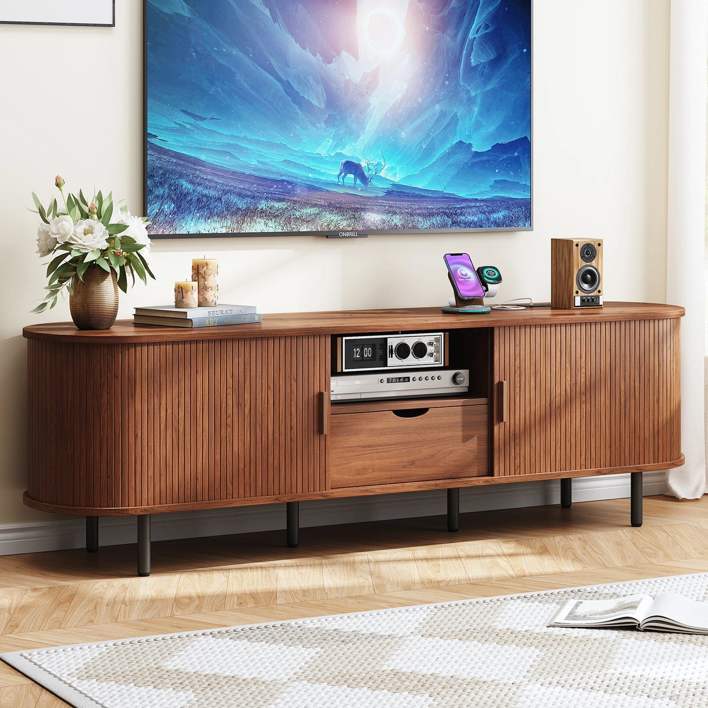 Modern TV Stand with Power Outlet & Sliding Door Storage | Fits 80 Inch TV
