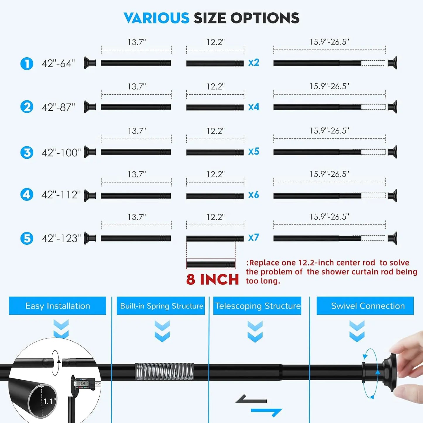 Heavy-Duty Black Tension Curtain Rod | Adjustable No-Drill Rod 43–131 Inch