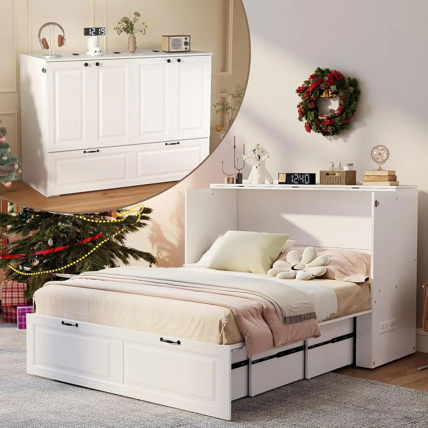 Full-Size Murphy Bed, Cabinet with Storage Plus USB Charging
