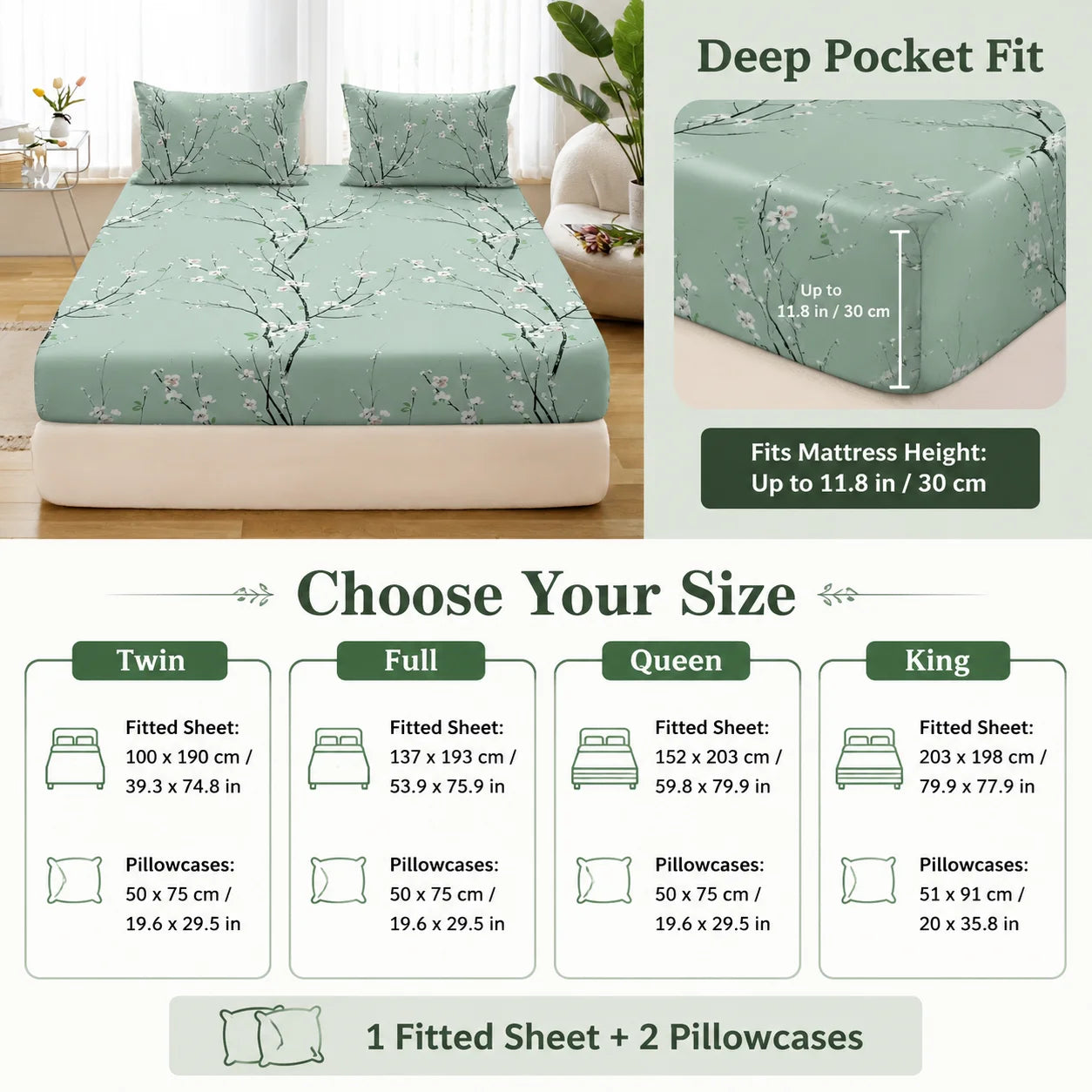 Vintage Floral Fitted Sheet Set | 3-Piece Deep Pocket Microfiber Bedding
