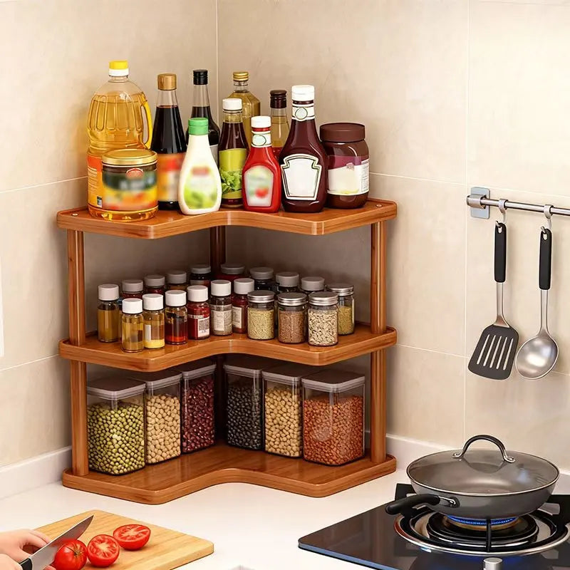 3-Tier Coffee Bar Storage Rack | Wooden Countertop Corner Shelving Organizer