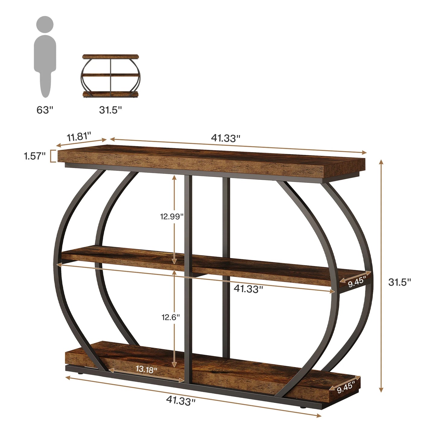 Industrial 3-Tier Console Table with Arched Metal Frame