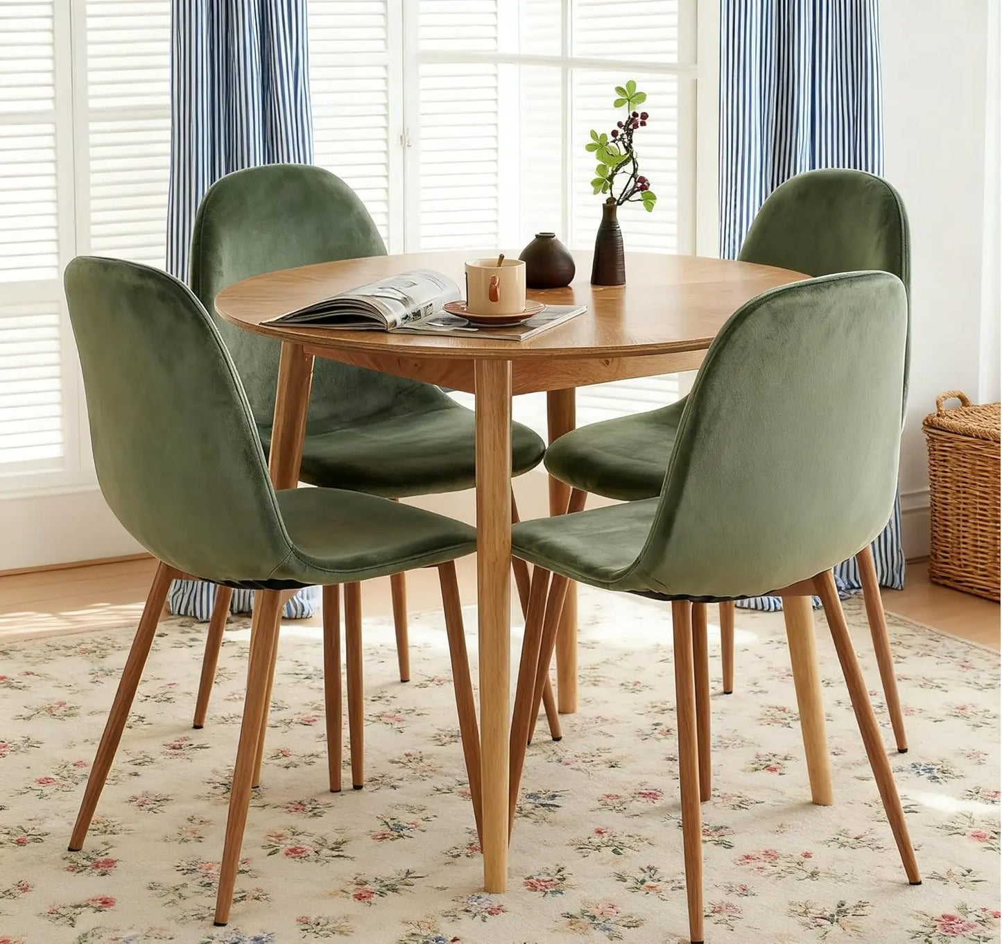Small Round Oak Dining Table with 4 Velvet Chairs