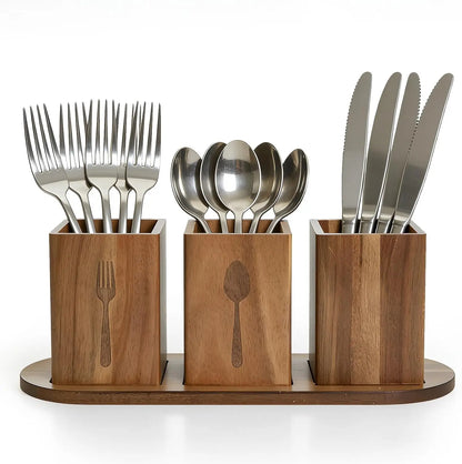 Acacia Wood Utensil Holder | 4-Compartment Silverware Caddy
