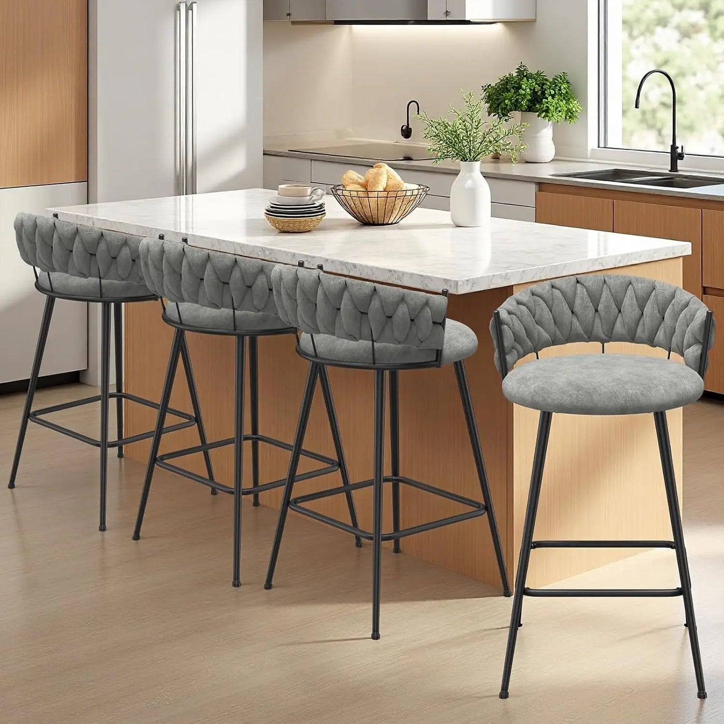 Modern Counter Height Bar Stools with Velvet Woven Backrest