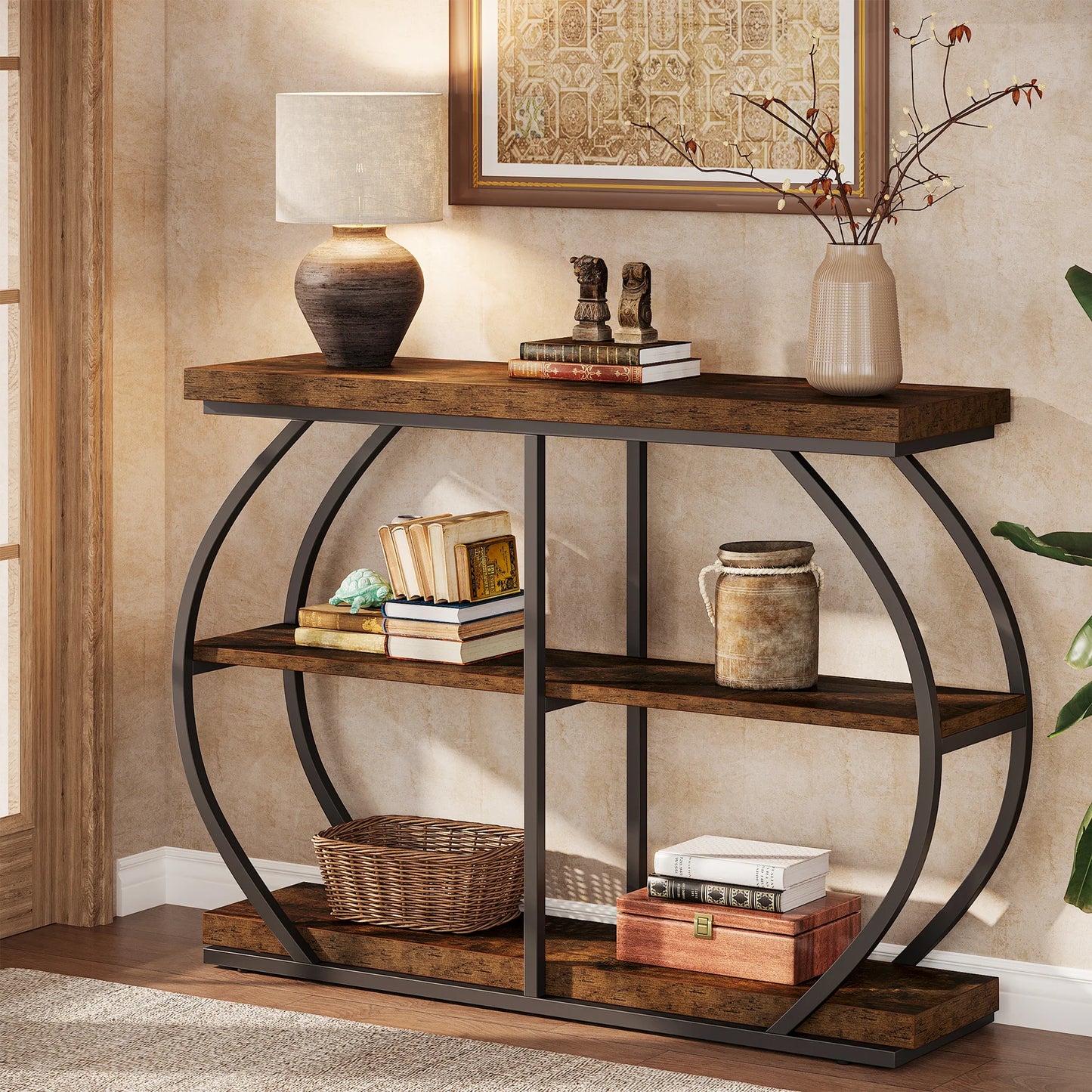Industrial 3-Tier Console Table with Arched Metal Frame