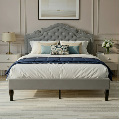 Velvet Upholstered Platform Bed with Adjustable Headboard