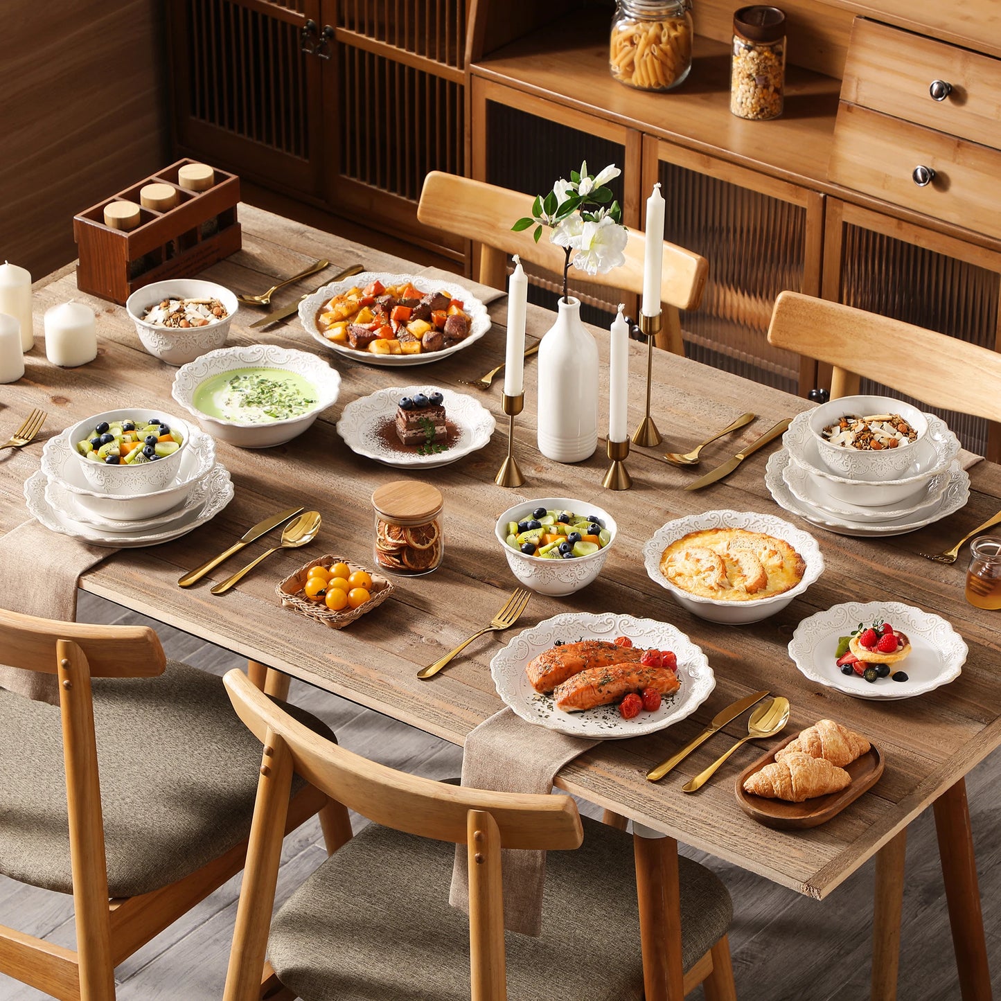 16-Piece Stoneware Dinnerware Set for 4 | Elegant Relief Design Plates & Bowls