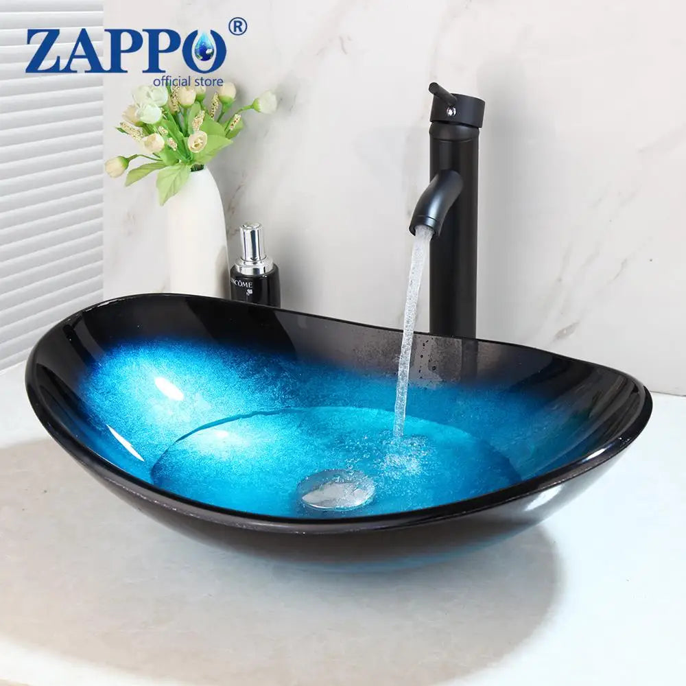 Tempered Glass Vessel Sink with Waterfall Black Faucet