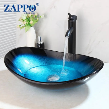 Tempered Glass Vessel Sink with Waterfall Black Faucet