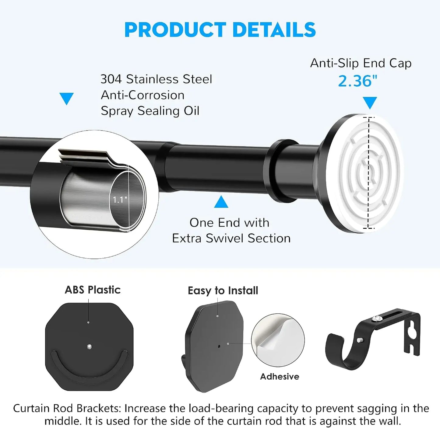 Heavy-Duty Black Tension Curtain Rod | Adjustable No-Drill Rod 43–131 Inch
