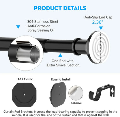 Heavy-Duty Black Tension Curtain Rod | Adjustable No-Drill Rod 43–131 Inch