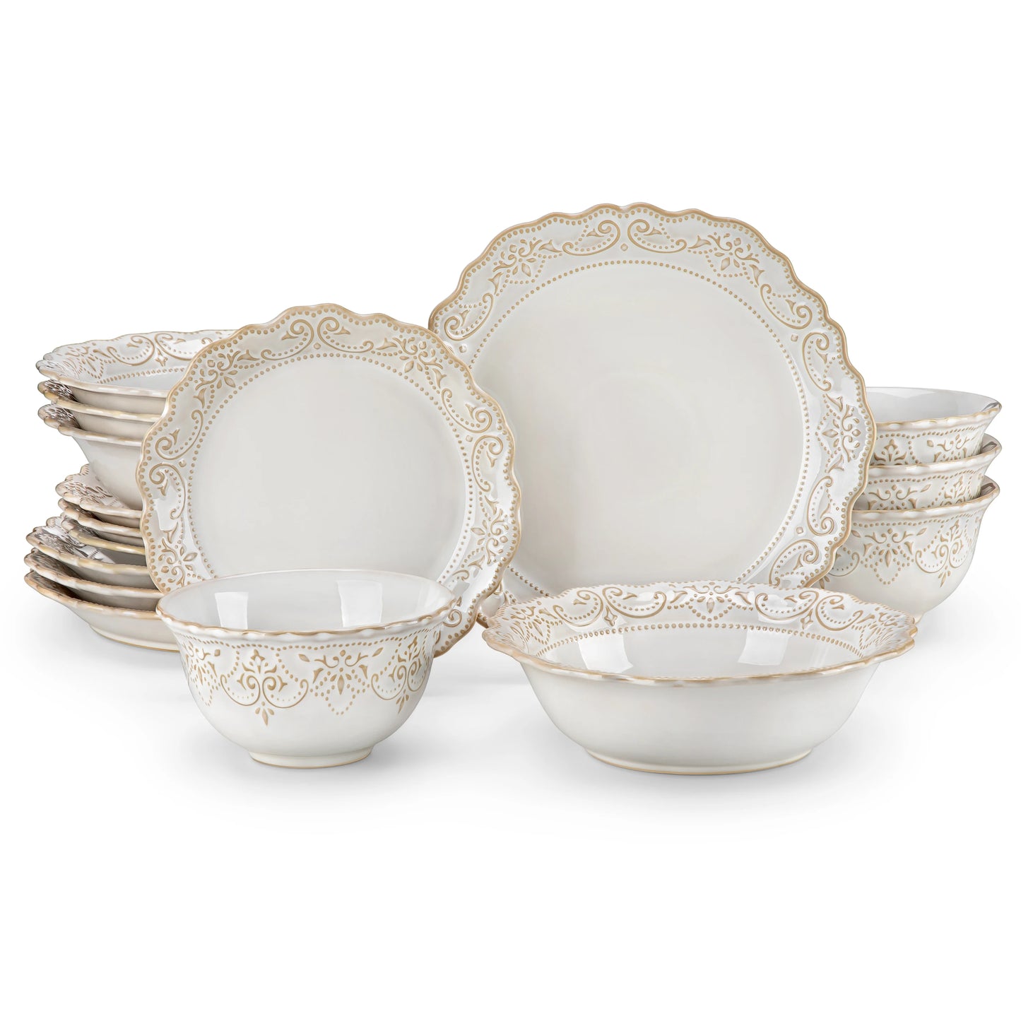 16-Piece Stoneware Dinnerware Set for 4 | Elegant Relief Design Plates & Bowls