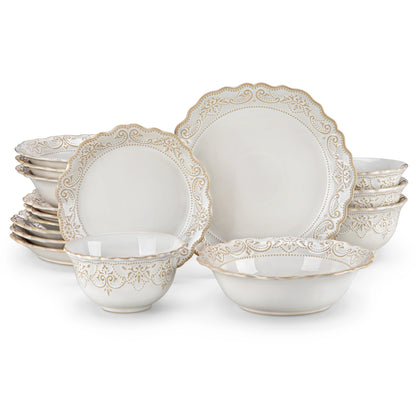 16-Piece Stoneware Dinnerware Set for 4 | Elegant Relief Design Plates & Bowls