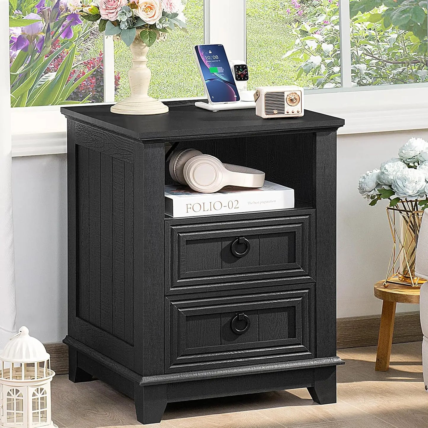 Farmhouse Style Night Stands, Set of 2, with Charging Stations