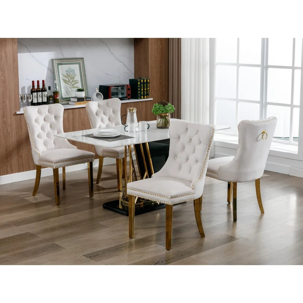 Beige Velvet Dining Chair | Gold Legs & Nailhead Trim