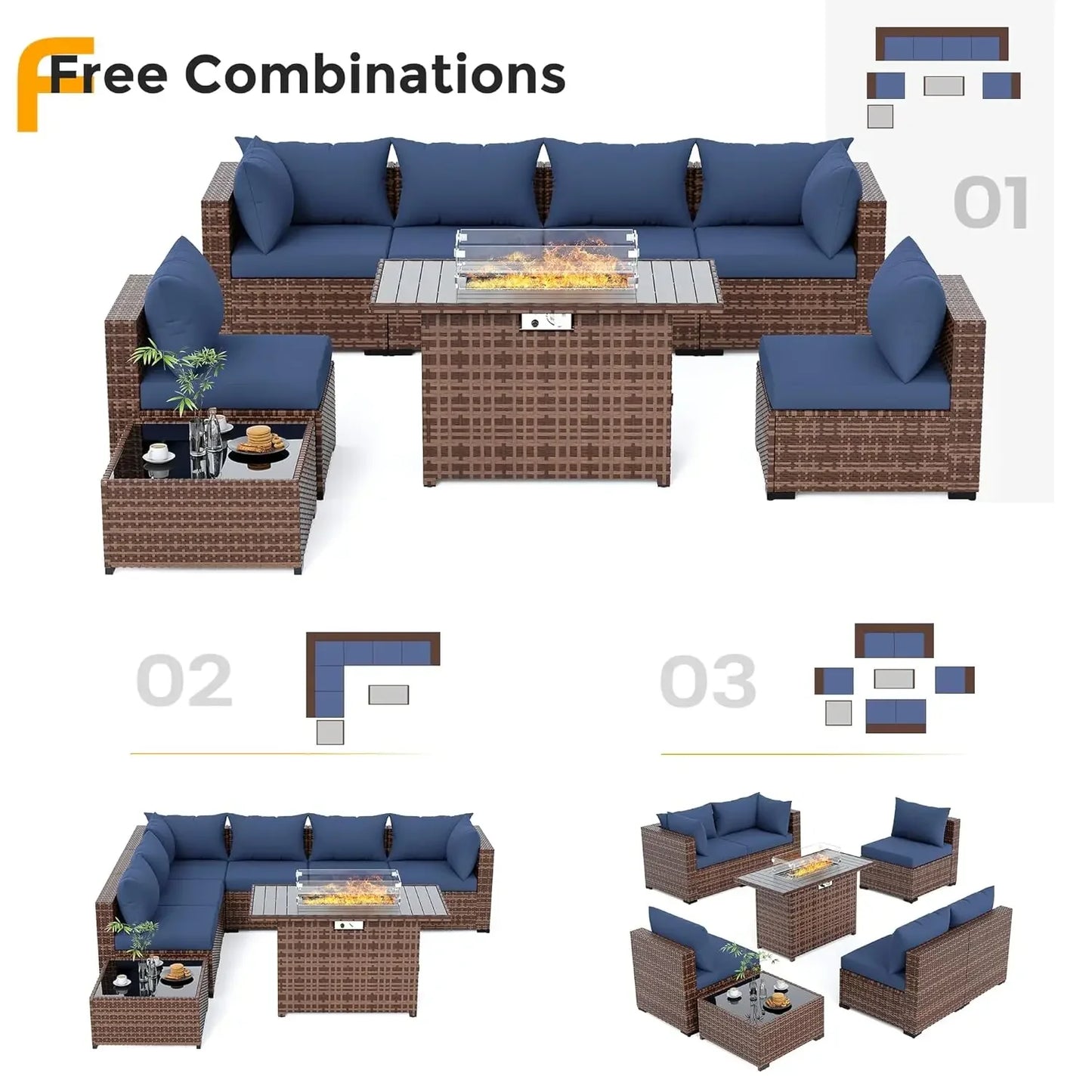 8-Piece Patio Furniture Set with Fire Pit Table | Outdoor Wicker Sectional Sofa