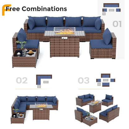 8-Piece Patio Furniture Set with Fire Pit Table | Outdoor Wicker Sectional Sofa