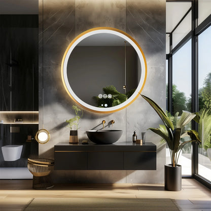 Gold-Framed Round Lighted Bathroom Mirror
