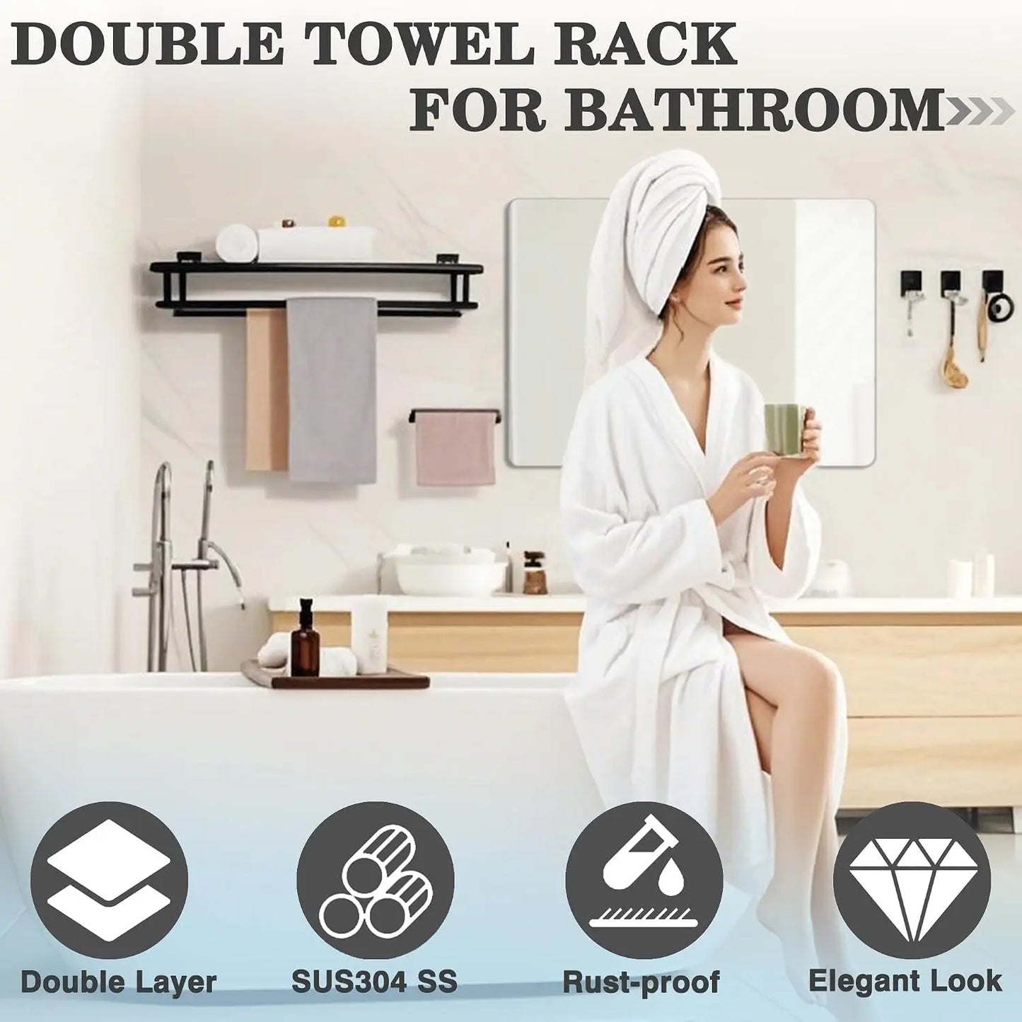 24-Inch Double Towel Rack with Shelf | Matte Black Bathroom Towel Holder