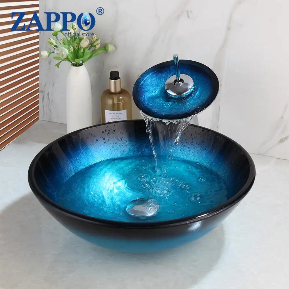 Tempered Glass Vessel Sink with Waterfall Black Faucet