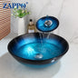 Tempered Glass Vessel Sink with Waterfall Black Faucet