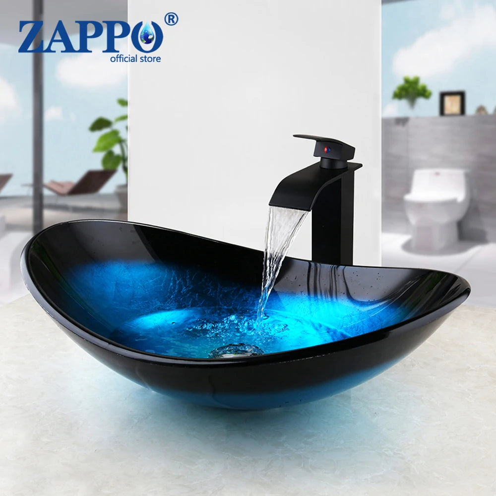 Tempered Glass Vessel Sink with Waterfall Black Faucet