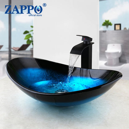 Tempered Glass Vessel Sink with Waterfall Black Faucet