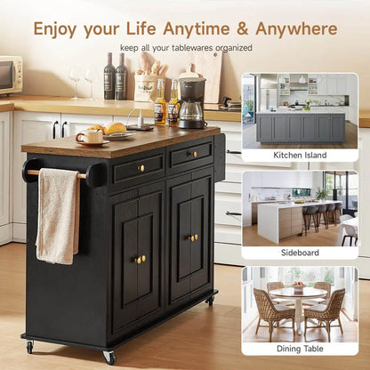 58" Mobile Kitchen Island Cart | Rolling Kitchen Island with Storage & Spice Rack