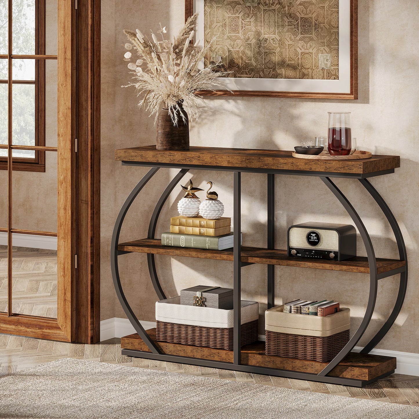 Industrial 3-Tier Console Table with Arched Metal Frame