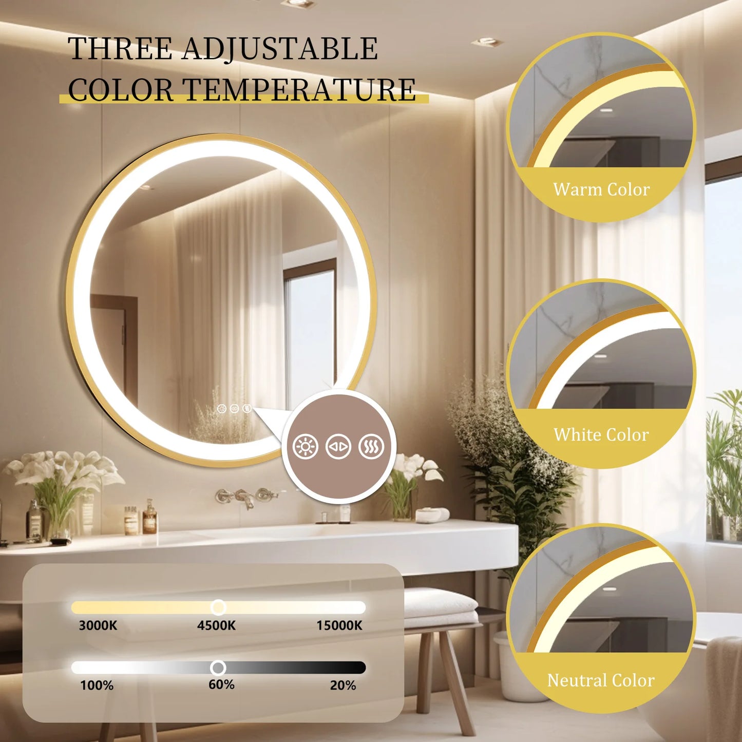 Gold-Framed Round Lighted Bathroom Mirror