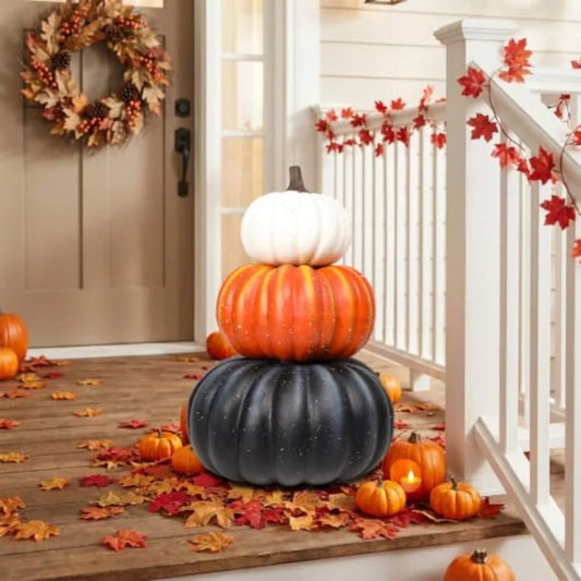 23" Stacked Faux Pumpkins | Black Orange White Fall Porch Decor