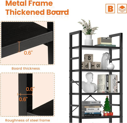 5-Tier Modern Bookshelf with Industrial Black Metal Frame