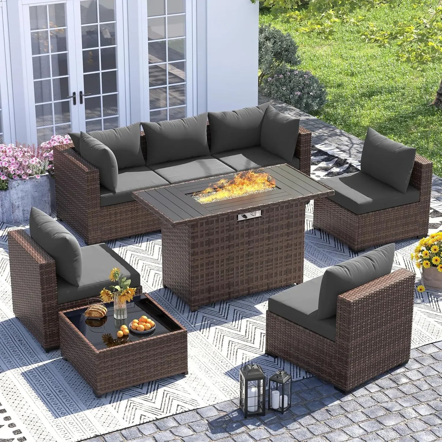 8-Piece Patio Furniture Set with Fire Pit Table | Outdoor Wicker Sectional Sofa
