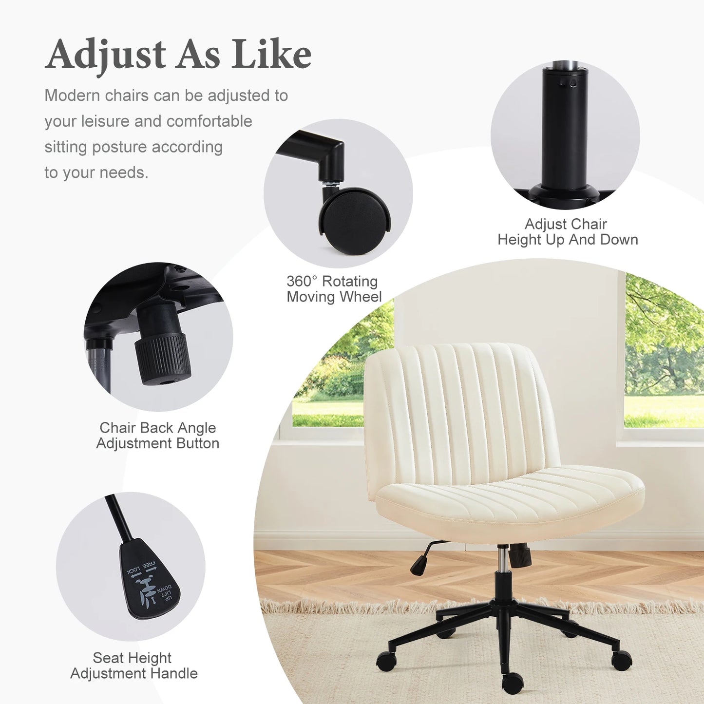 Armless Cross-Leg Office Chair with Wheels