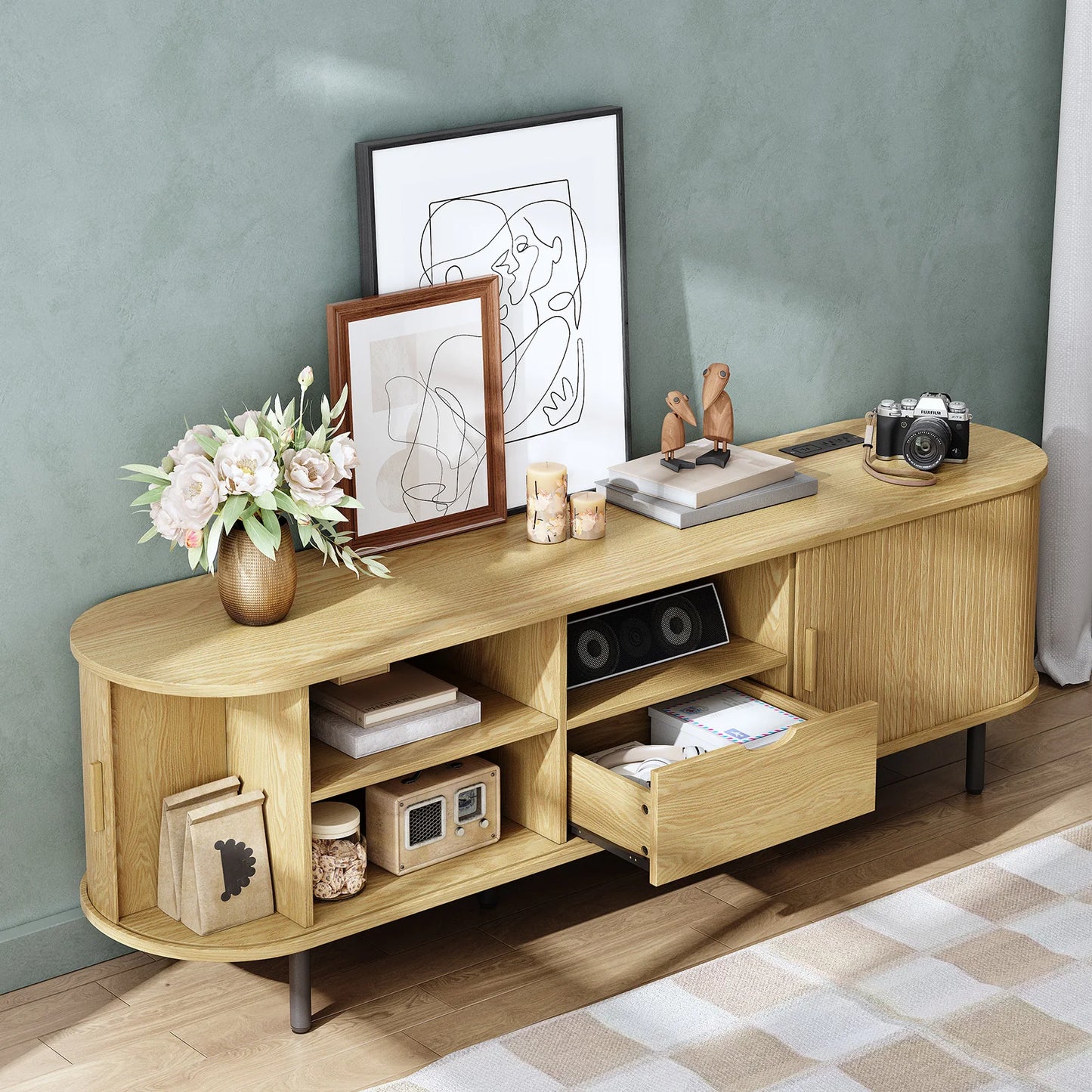 Modern TV Stand with Power Outlet & Sliding Door Storage