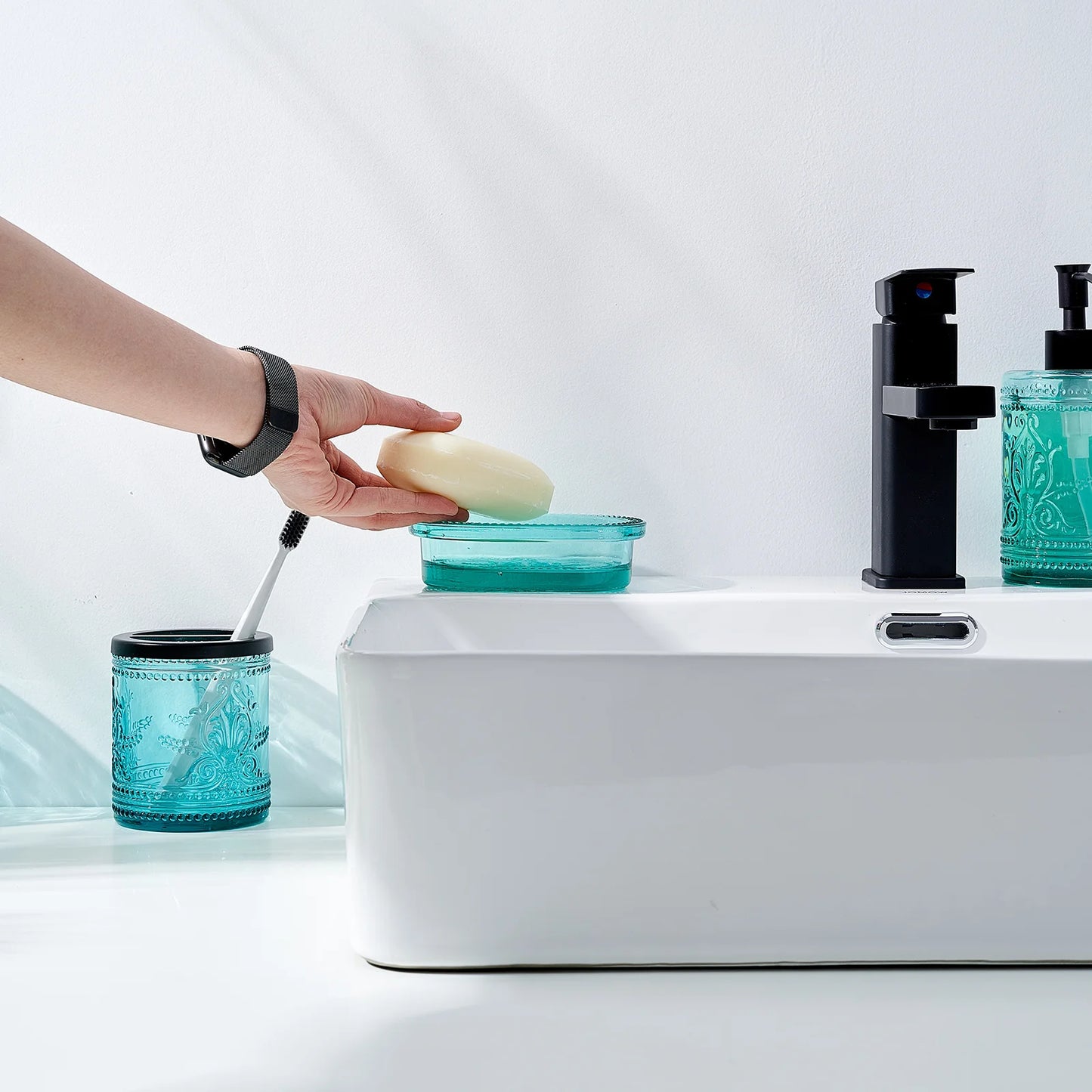 4-Piece Pressed Glass Bathroom Accessory Set | Soap Dispenser, Tumbler & Soap Dish